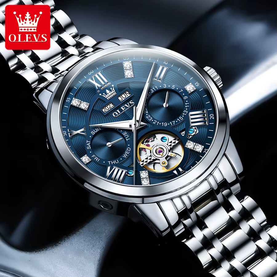 Olevs Armbanduhr Automatik, Skelett, Edelstahl, Herren, Blau, Silber - Bild 3