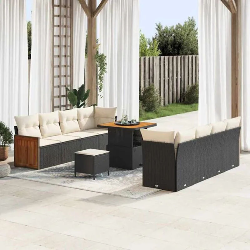 Vidaxl Garten-Sofa-Set aus Polyrattan und Akazie, 11-teiliges Loungemöbel-Set in Schwarz und Creme, B/T/H: 80 x 80 x 71 cm - Bild 1