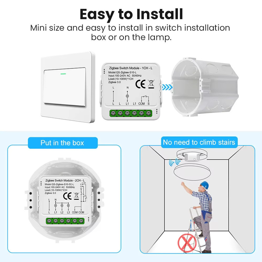 Tuya ZigBee 3.0 Smart Lichtschaltermodul in Weiß, ohne Neutralleiter, für 1/2/3 Gang, kompatibel mit Alexa und Google Home, unterstützt 2-Wege-Steuerung - Bild 1