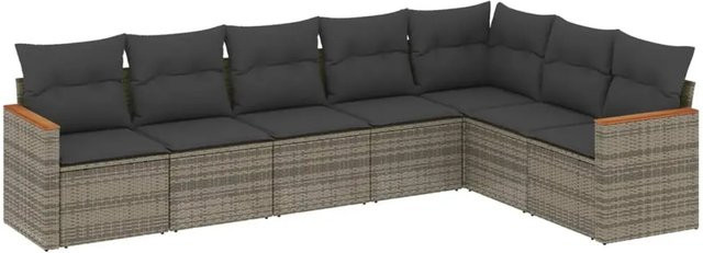 vidaXL 7-tlg Garten-Sofagarnitur in L-Form aus Polyrattan und Akazienholz in Grau mit Kissen und Stauraum - Bild 1
