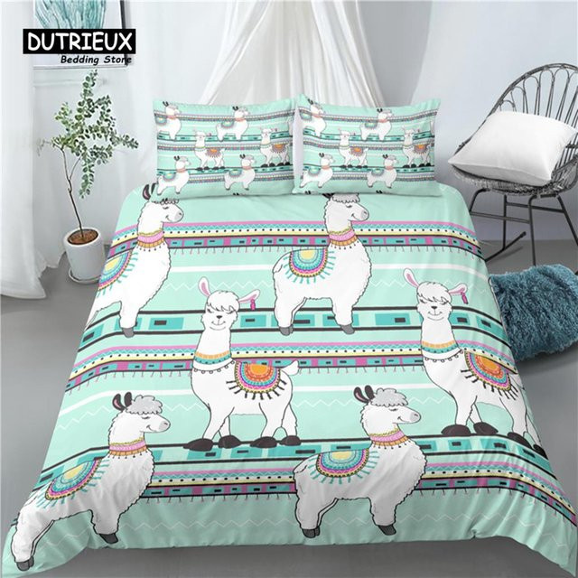 Binchi Outdoor Product Bettwäsche-Set mit 3D Alpaka-Druck in Türkis, bestehend aus Bettbezug und Kissenbezug aus Mikrofaser, B/T/H: 200 x 200 cm - Bild 1