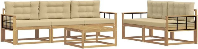 vidaXL Outdoor-Sofagarnitur L-Form aus Akazienholz mit 6 Teilen, Set bestehend aus 3-Sitzer-Sofa und Couchtisch, Weiß und Beige - Bild 1