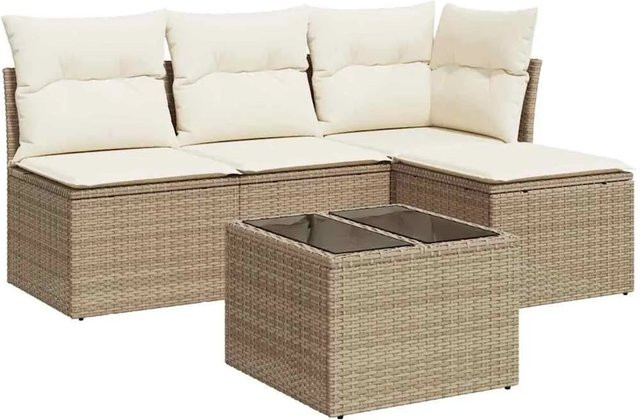 vidaXL 5-teilige Garten-Sofagarnitur in L-Form mit Kissen und Couchtisch, Beige, Poly Rattan und Metallgestell - Bild 1