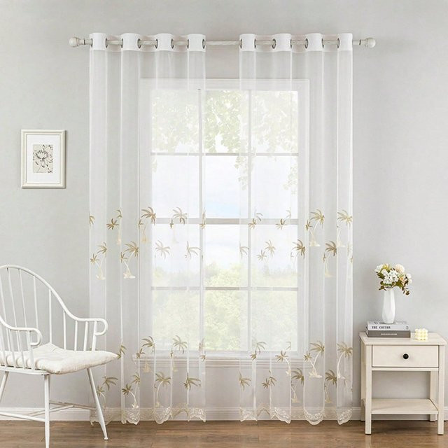 Yiran Furniture Fenstergitter mit Hawaii-Palmenstickerei in Grün und Weiß, semi-transparent, B: 140 cm, H: 145 cm - Bild 1
