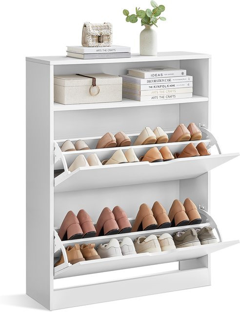 VASAGLE Schuhschrank mit 2 Klappen und offenem Fach, moderner Schuhkipper für den Flur, Weiß oder Braun - Bild 1