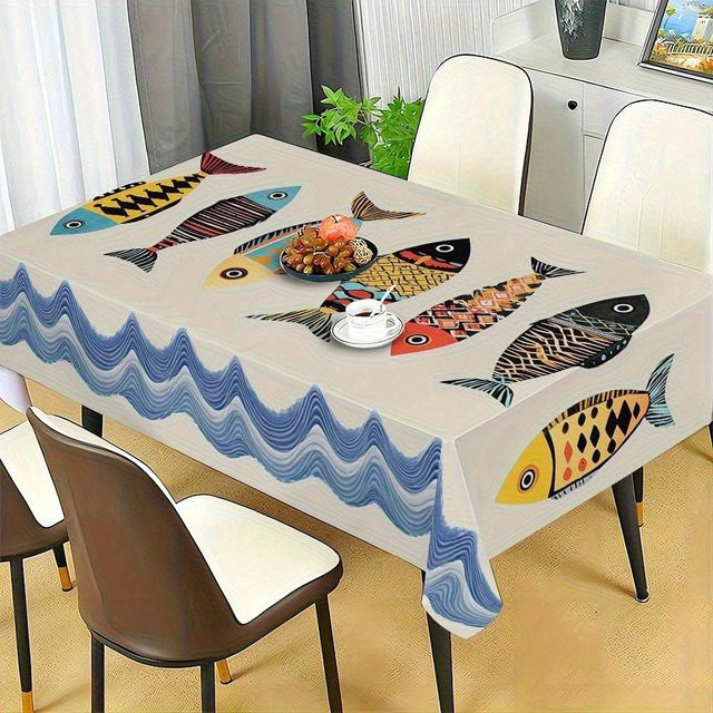Rechteckige Tischdecke mit buntem Fischmuster von JMG Household Supplies, wasserabweisend und waschbar, B/B: 140 x 180 cm - Bild 1