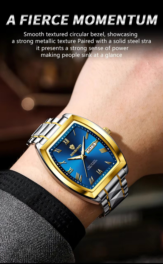 BINBOND Armbanduhr Quarz, Edelstahl, Eckig, Blau, Gold, Unisex - Bild 1