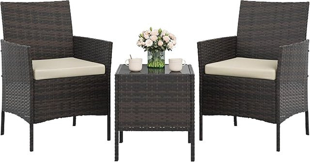 HiMISS 3-teiliges Outdoor-Gartenmöbel-Set aus Polyrattan mit Tisch aus Glas und Polsterkissen in Schwarz und Beige - Bild 1