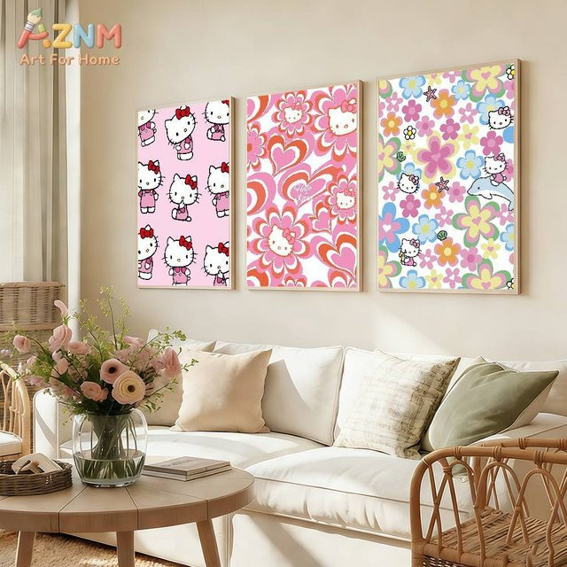 AZNM Hello Kitty Sanrio Leinwand-Wandkunst mit Blumenherz-Motiv in Multicolor - Bild 1