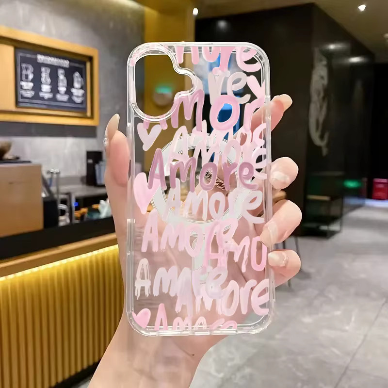 Amore-Love Romantische Handyhülle für Apple iPhone mit rosa Schriftzug, transparent und pink, magnetische kabellose Ladeabdeckung - Bild 4
