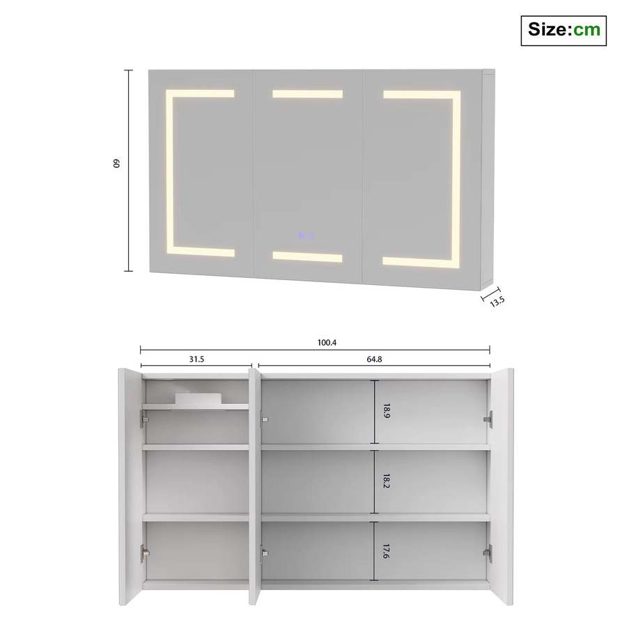 Rosahgnda Badezimmerspiegelschrank mit LED-Beleuchtung und Antibeschlag-Funktion, 3 Türen, dimmbar mit 3 Farbtemperaturen, wandmontiert mit höhenverstellbaren Regalen - Bild 3