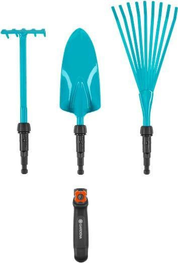 Gardena Gartenwerkzeug-Set aus Edelstahl mit Gartenkelle, Schaufel, Rechen und Handkultivator in Schwarz-Blau - Bild 1