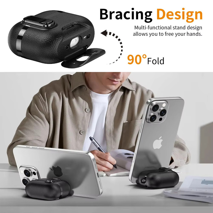 Stoßfeste Ledertextur Schutzhülle für Apple AirPods Pro und AirPods 4 mit Schalterverriegelung und Telefonständer in Schwarz und Grün - Bild 3