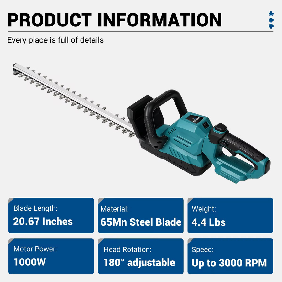 Drillpro Akku-Heckenschneider mit 3000 U/min und 20 Zoll Schnittbreite, bürstenloser elektrischer Gartenschneider mit 180 Grad drehbarem Kopf und wiederaufladbarem Akku - Bild 3