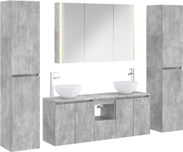 vidaXL Badezimmermöbel-Set 6-teilig in Betongrau mit Ingenieurholz und Glas, modernes Design mit LED-Beleuchtung und Spiegelschrank - Bild 1