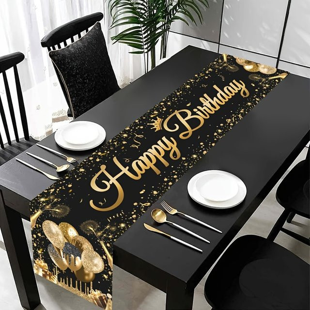 VIKAMA Tischfahne Geburtstag in Schwarz, Textil-Tischdeko für Party und Hochzeit, B: 35 cm, L: 180 cm - Bild 1