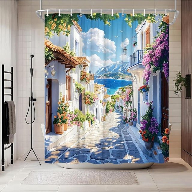 Dunika Chen Duschvorhang Griechenland Naturlandschaft mit weißer Architektur, wasserdicht und schimmelresistent, B: 90 cm, H: 165 cm - Bild 1