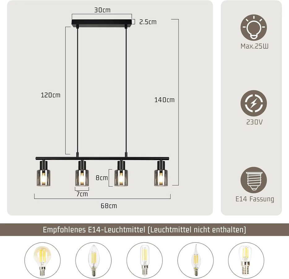 4-flammige Vintage Pendelleuchte im Industrial Design aus Glas und Metall, Schwarz, E14, für Esszimmer und Küche - Bild 4