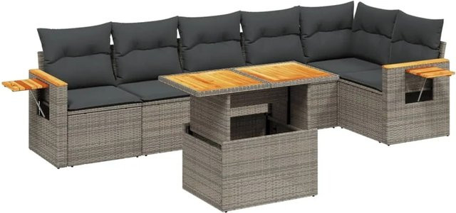 vidaXL 7-teilige Garten-Sofagarnitur in L-Form aus Poly-Rattan und Akazienholz mit Kissen in Grau - Bild 1