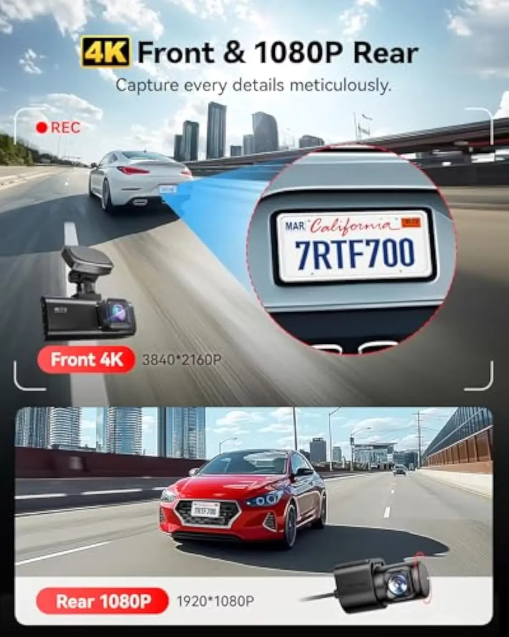 REDTIGER F7N PRO Dashcam 4K Videorekorder mit WLAN und GPS, STARVIS 2 Sensor für Nachtsicht, Schwarz - Bild 2