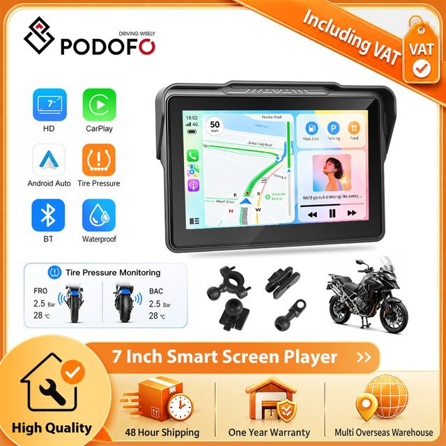 Podofo 7 Zoll Kabelloser CarPlay und Android Auto Motorrad-Player, IP67 Wasserdichter Smart-Navigationsmonitor mit Touchscreen und Bluetooth, Schwarz - Bild 1