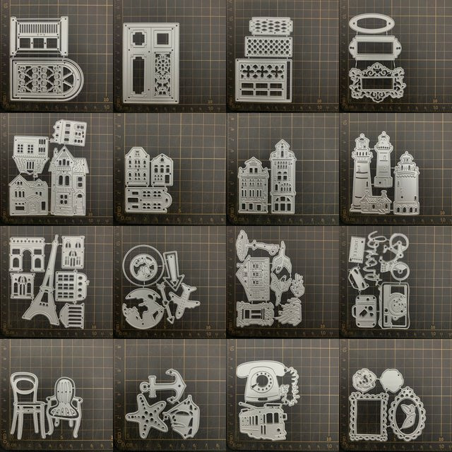 16 Stück Metall Stanzformen und Schablonen Set in Silber für DIY Scrapbooking und dekorative Prägung mit Fenster, Villa und Flugzeug Motiven - Bild 1
