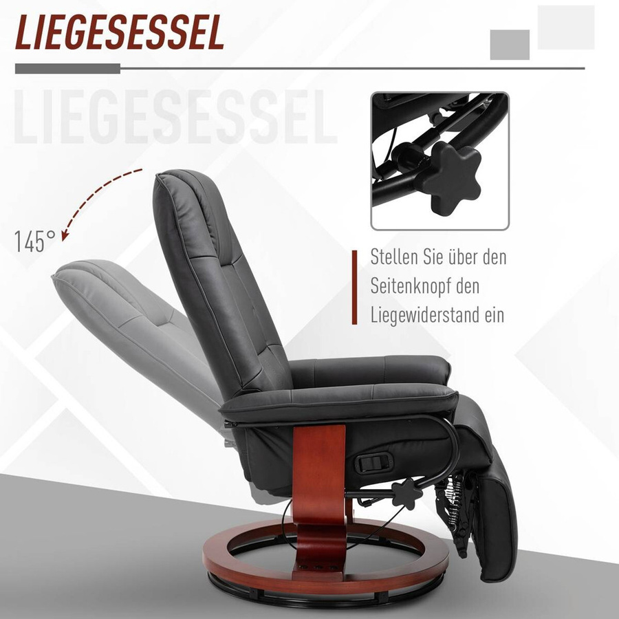 HOMCOM Relaxsessel aus Kunstleder in Schwarz mit Fußstütze, 360 Grad drehbar und 145 Grad neigbar, B/T/H: 78 x 87 x 100 cm - Bild 5