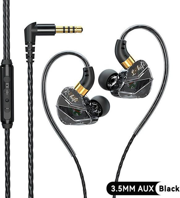 VAORLO In-Ear Headset mit Mikrofon, digitale 9D HIFI Kopfhörer mit schwerem Bass, kabelgebunden via 3,5 mm AUX oder USB-C, Schwarz - Bild 1