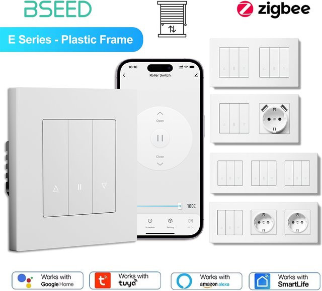 BSEED Zigbee Rollladen-Drucktastenschalter für Tuya Smart Life App, Intelligenter Wandjalousien-Schalter in Weiß mit mattem PC-Rahmen - Bild 1