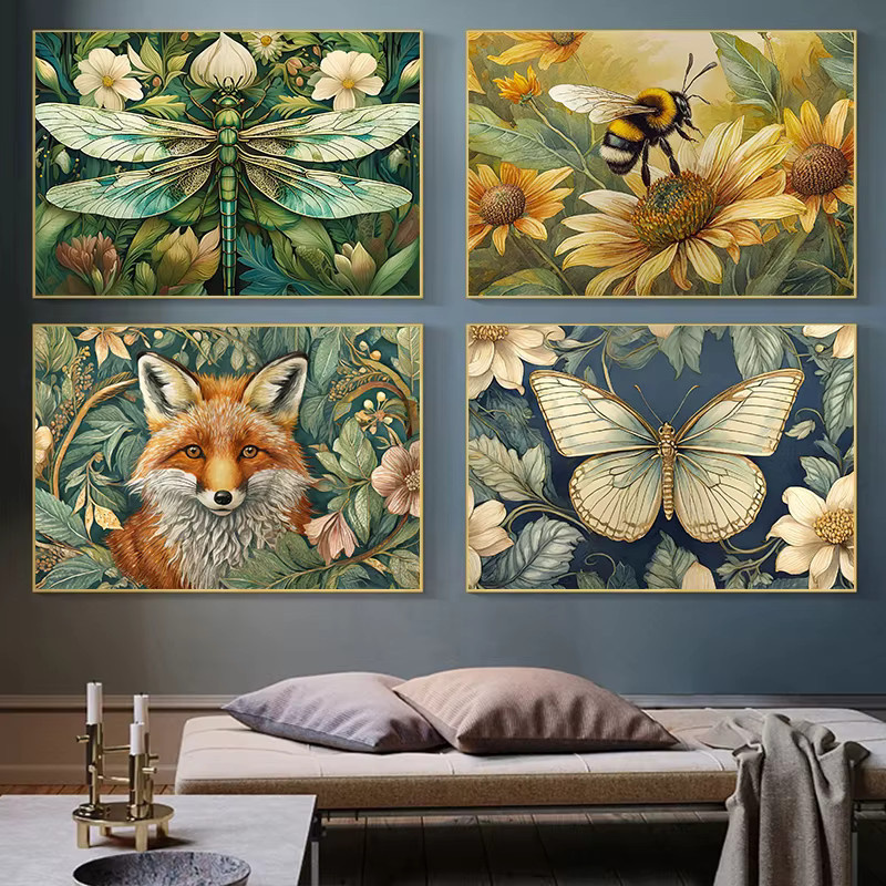 Potdemiel William Morris Schmetterling und Pflanzen Wandkunst Retro Leinwandbild in Beige und Multicolour - Bild 2
