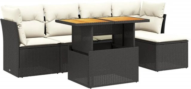 vidaXL 6-teilige Garten-Sofagarnitur in L-Form aus schwarzem Poly-Rattan mit cremeweißen Kissen und Akazienholz - Bild 1