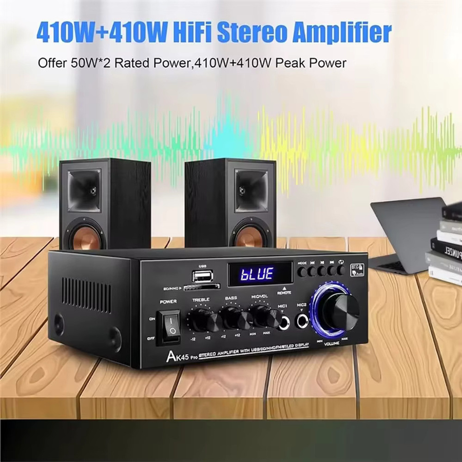 Kebidumei AK45 Digitaler 2-Kanal HIFI Bluetooth 5.0 Verstärker mit 800W, USB-A, FM und Mikrofoneingang, Schwarz - Bild 4