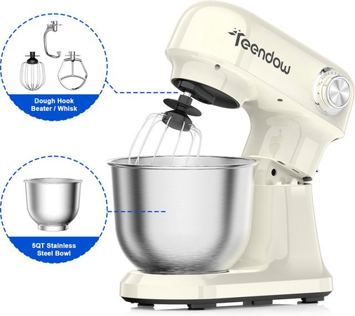 Teendow SM-B03 Standmixer mit 5Qt Rührschüssel in Weiß, 12-stufige Geschwindigkeitsregelung inklusive Knethaken, Schneebesen und Rührbesen