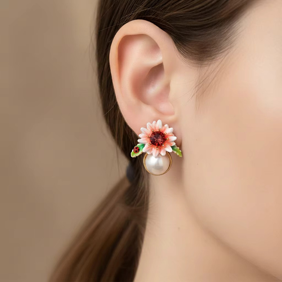 Kovonchy Ohrstecker, Emaille-Blumen, Perle, Zirkonia, Damen - Bild 2