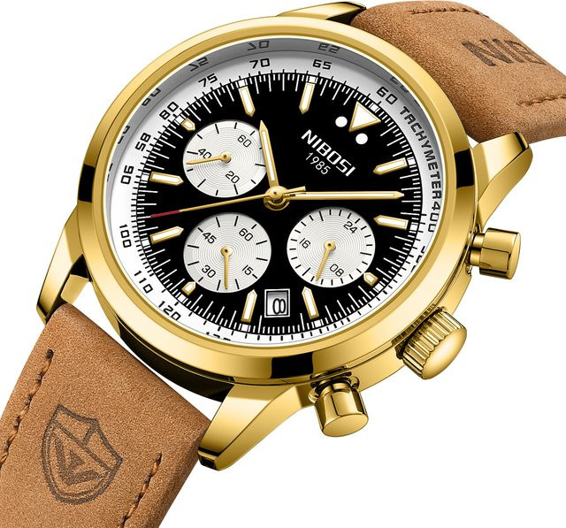 NIBOSI Armbanduhr Herren, Quarz, Leder, Schwarz, Gold, Datum - Bild 1