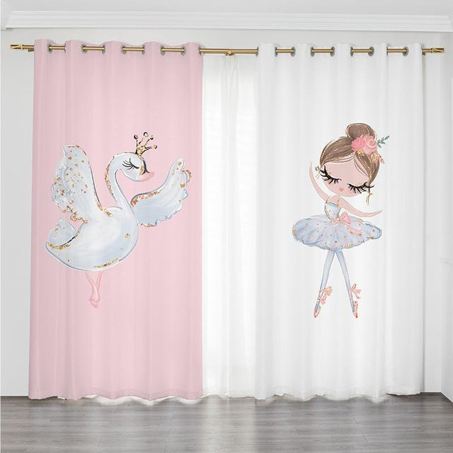 Yiran Furniture Einhorn und Ballerina Vorhänge für Kinder in Rosa, 2er-Set, halbtransparent, B: 135 cm, H: 185 cm - Bild 1