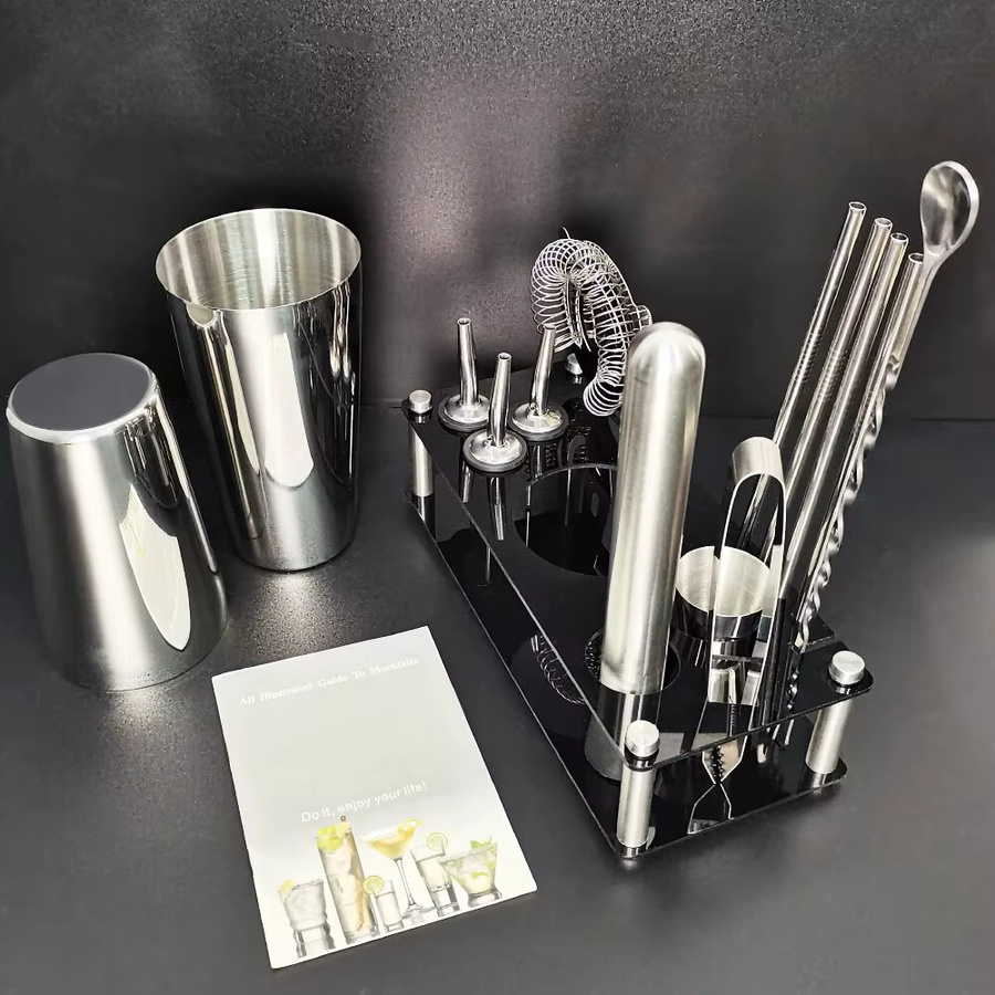 XINGZHAOHOME 13-teiliges Cocktail-Shaker-Set aus Edelstahl in Schwarz und Silber mit 750 ml Shaker, Jigger, Löffel und Ausgießer sowie Ständer - Bild 4