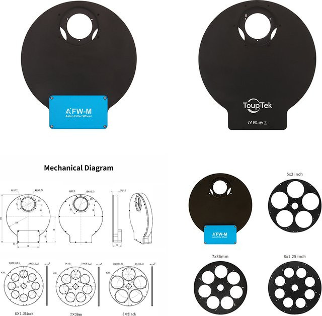 ToupTek Filterrad AFW-M in Schwarz für astronomische Fotografie mit 5, 7 oder 8 Filterlöchern (7x36mm, 5x2inch, 8x1.25inch) - Bild 1