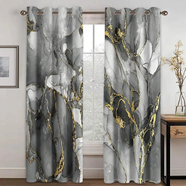 Yiran Furniture Marmor Vorhänge Set aus 2 Paneelen in Rosa Gold Grau, semi-transparent mit Ösen, B: 50 cm, H: 130 cm - Bild 1