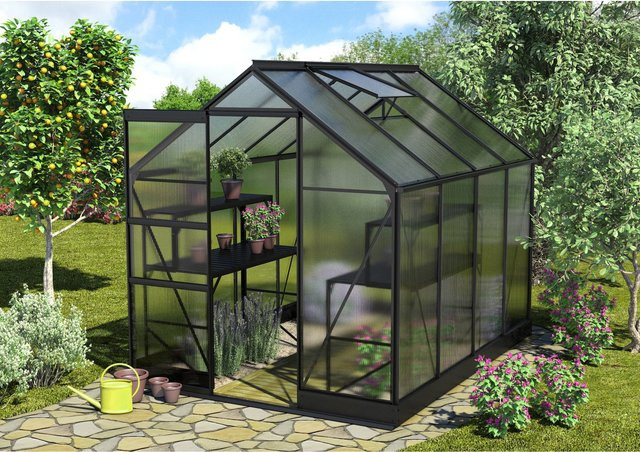Vitavia Comfort Edition Apollo 5000 Gewächshaus für Hoch- und Frühbeete aus Polycarbonat in Schwarz inklusive automatischem Fensteröffner, Alutisch und Tropfschlauch - Bild 1