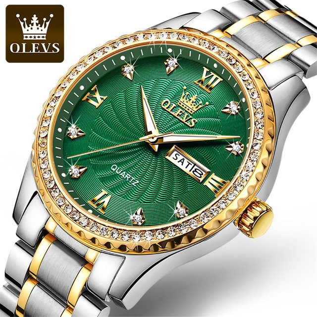 OLEVS Armbanduhr, Quarz, Edelstahl, Grün, Diamant, Herren - Bild 1