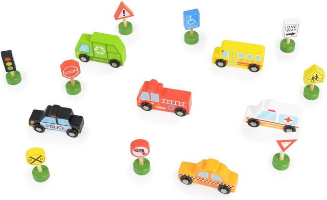 Tooky Toy Spielzeugautos, Holz-Setzkasten, Transport, Schilder, bunt, 16-teiliges Set - Bild 1