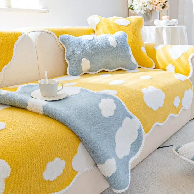 Rutschfester Sofaüberwurf Wolken Plüsch in Gelb mit gewellten Kanten, Universal Couchüberwurf für 1- bis 4-Sitzer, Breite: 70 cm, Tiefe: 120 cm - Bild 1