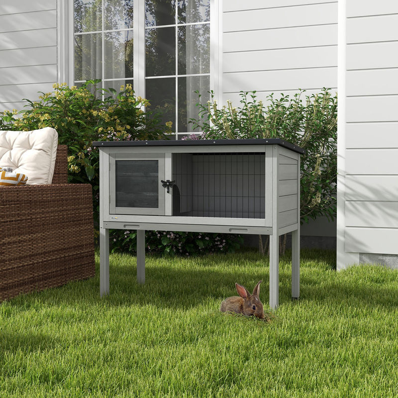PawHut Hasenstall aus Tannenholz in Grau mit aufklappbarem Dach für Kaninchen und Meerschweinchen, B/T/H: 84 x 43 x 70 cm - Bild 2
