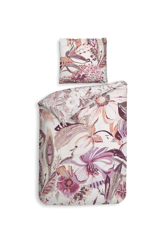 Heckett & Lane Mako-Satin Bettwäsche Kina White Blüten Blätter Wende Design in Weiß, Lila und Rosa, B/H: 135 x 200 cm mit Kissenbezug 80 x 80 cm - Bild 1