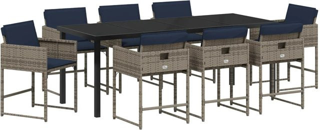 vidaXL Garten Essgruppe aus Poly Rattan und Stahl in Grau mit 9-teiligem Set und Kissen - Bild 1