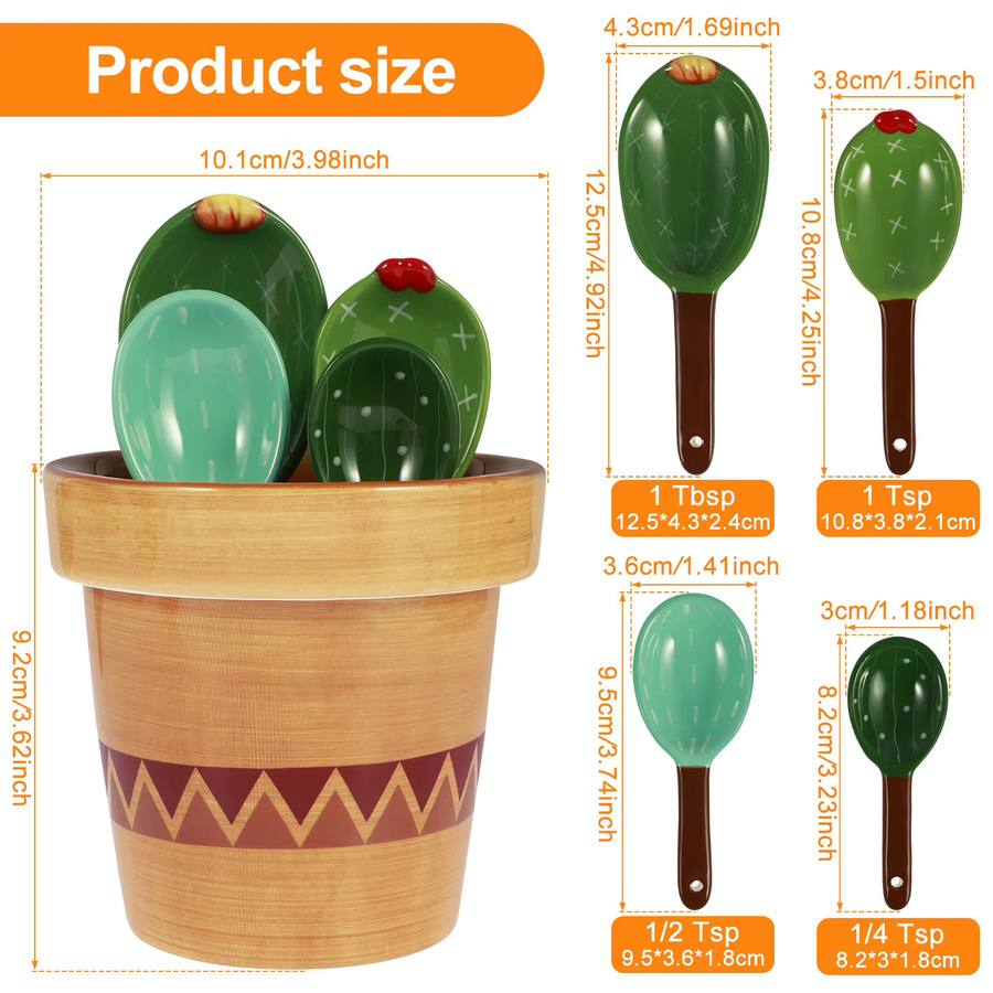 Willstar 4-teiliges Messlöffel-Set aus Keramik in Grün mit Kaktusform und Sockel - Bild 2