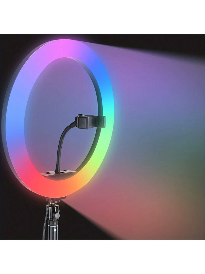 Dimmbares RGB-Ringlicht in Schwarz mit Stativständer und Telefonhalter für Make-up, Fotografie und Videoaufnahmen - Bild 3