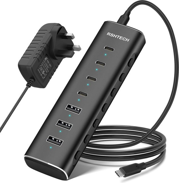 RSHTECH 7-Port USB-C Hub mit Stromversorgung, 10 Gbit/s, schwarzer Aluminium-USB-Splitter mit individuellen Touch-Schaltern für Laptop und PC - Bild 1