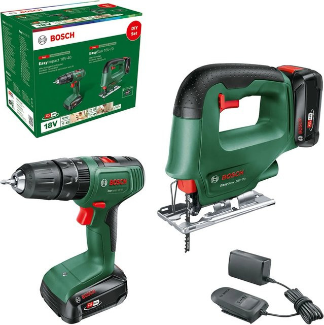 Bosch EasyImpact 18V-40 Akku-Schlagbohrschrauber und EasySaw 18V-70 Akku-Stichsäge Set in Grün - Bild 2